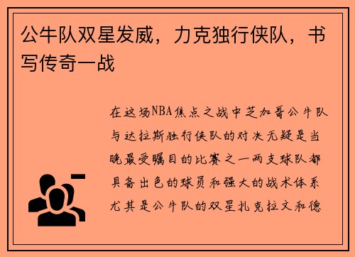 公牛队双星发威，力克独行侠队，书写传奇一战