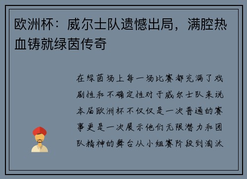 欧洲杯：威尔士队遗憾出局，满腔热血铸就绿茵传奇