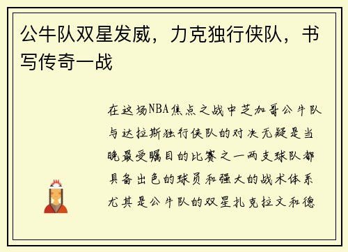 公牛队双星发威，力克独行侠队，书写传奇一战