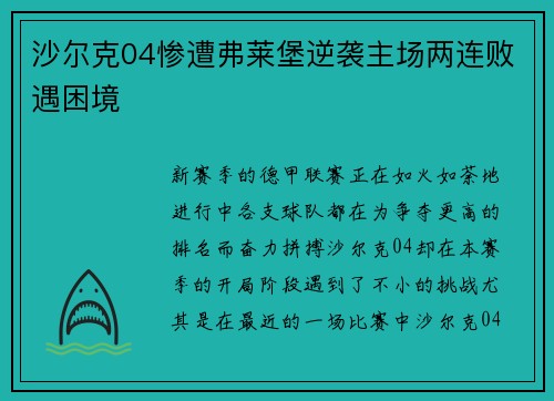 沙尔克04惨遭弗莱堡逆袭主场两连败遇困境